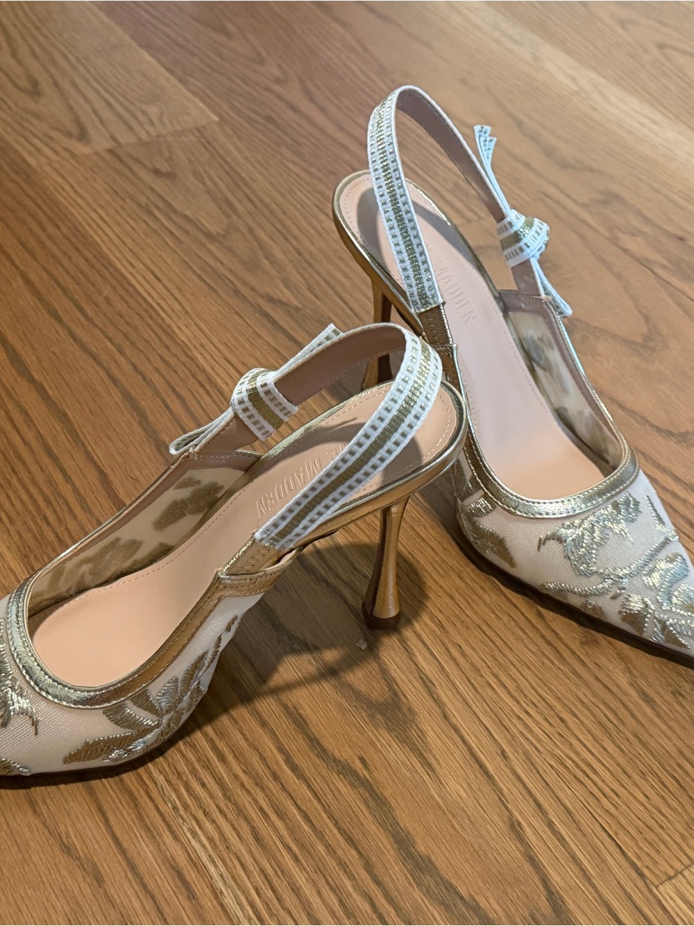 Steve Madden Gold and Cream Embroidered Pointed Slingback Heels - Picture 2 of 5